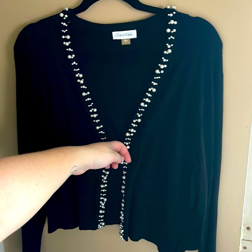 XL Calvin Klein black sweater with pearls around the middle and back of neck